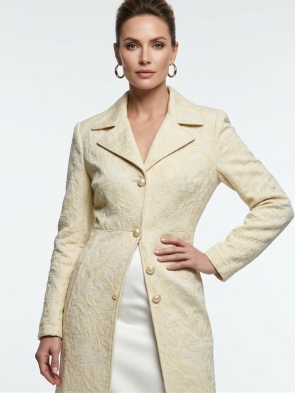 Esprit Cream Brocade Long Trench Cotton Blend  Coat(size:medium)